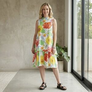 Alembika Israel Floral Sleeveless Dress Cotton Tiered Lagenlook Size 1 = US 6/8